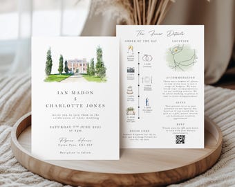 Venue Watercolour Wedding Invitation Venue Painting Wedding Invitation Venue Sketch Evening Wedding Invite with Envelope Wedding Invitation