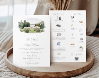 Venue Watercolour Wedding Invitation Venue Painting Wedding Invitation Venue Sketch Evening Wedding Invite with Envelope Wedding Invitation