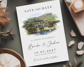 Convite de casamento com aquarela do local | Convite de casamento com pintura em aquarela do local | Convite de casamento com esboço do local | Convite de casamento com desenho do edifício