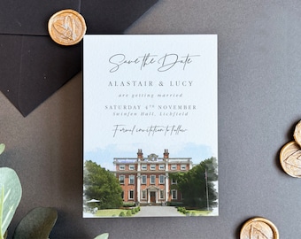 Lugar Acuarela Reserva la fecha Acuarela Reserva la fecha Pintura del lugar Reserva la fecha Pintura personalizada del lugar de la boda Ilustración del lugar