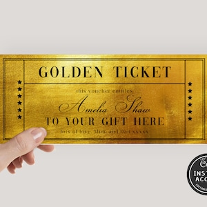 Plantilla de vale de regalo de Golden Ticket editable Plantilla de Golden Ticket imprimible Invitación de Golden Ticket personalizada Tarjeta de cumpleaños de Golden Ticket imprimible