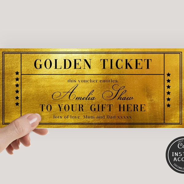Editable Golden Ticket Gift Voucher Template Printable Golden Ticket Template Custom Golden Ticket Invitation Printable Gold Ticket Birthday
