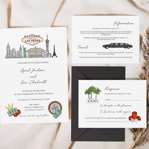 Favoloso invito per matrimonio a Las Vegas Invito per matrimonio a Las Vegas e biglietto di invito per matrimonio a Las Vegas Suite di inviti per matrimonio a Las Vegas con icona illustrata per matrimonio a Las Vegas