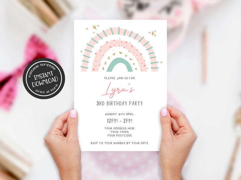 Cute Rainbow Birthday Party Invitation Print at Home Editable Party Invite Template Girl's Birthday Party Invitation Printable image 1