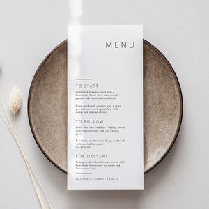 Tarjeta de menú de boda moderna para menú de recepción de boda menú de boda minimalista menú de boda simple tarjeta de menú de boda personalizada menú simple