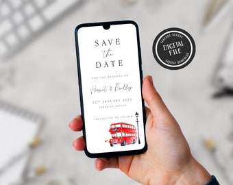 Digitale Save the Date-uitnodiging voor een bruiloft in Londen, digitale trouwuitnodiging in Londen, sms-uitnodiging, telefonische trouwuitnodiging, bewerkbare sjabloon