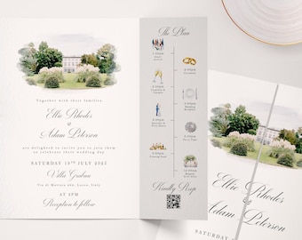Aangepaste locatie aquarel klaprozen huwelijksuitnodiging gevouwen bruiloft uitnodiging met envelop Gepersonaliseerde trouwlocatie aquarel