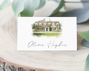Locatie aquarel naamkaartjes naamkaartje bruiloft locatie schilderij bruiloft plaatskaarten aangepaste plaatskaart bruiloft tafeldecor aquarel locatie