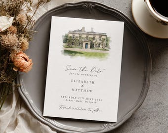 Locatie aquarel Save the Date locatie schets Save the Date aangepaste locatie schilderij Save the Date Custom locatie Save the Date met envelop