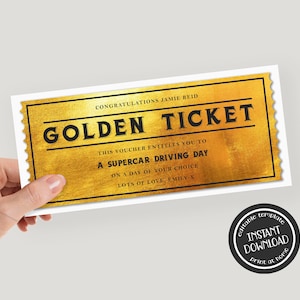 Bearbeitbares Golden Ticket Template Print at Home Event Ticket Goldener Geschenkgutschein Überraschungsticket Printable Geburtstagsgeschenkgutschein
