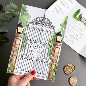 Veranstaltungsort Aquarell Hochzeitseinladung Gatefold Hochzeitseinladung Veranstaltungsort Illustration Aquarell Veranstaltungsort Trauung einladen Hochzeitsort Malerei
