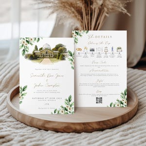 May include: Wedding invitation with a watercolour illustration of a building and foliage. The invitation includes the names Samantha Rose Jones and Joshua Crompton, the wedding date and time. Floral accents frame the text.