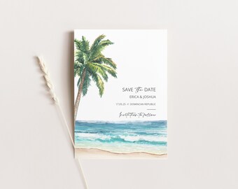 Tropical Beach Save the Date, Destination Wedding Save the Dates Watercolour Palm Tree Wedding Abroad Travel Wedding Save the Date Cards