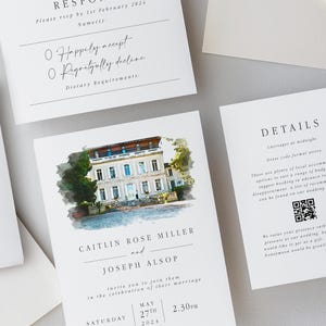 Convite de casamento personalizado em aquarela com detalhes RSVP Cartão de convite de casamento em aquarela Convite de casamento em local com código QR