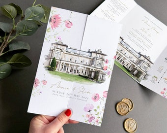 Pink Floral Gatefold Wedding Invitation Venue Watercolour Gatefold Wildflower Pink Flower Wedding Invite Gatefold with Envelope