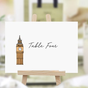 Nomi per tavoli nuziali London Lovin / Numeri per tavoli nuziali a tema Londra / Biglietti da visita illustrati London