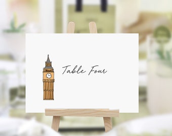 London Lovin Wedding Table Names | London Themed Wedding Table Numbers | London Illustrated Table Name Cards