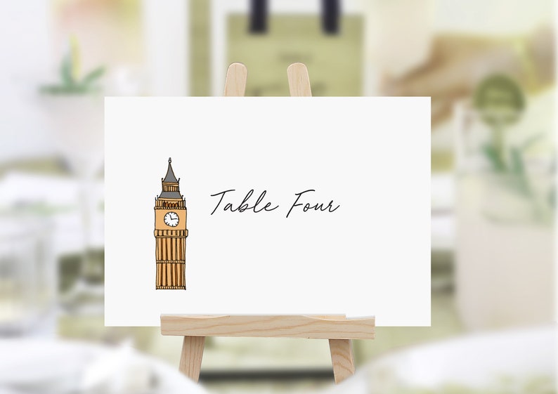 London Lovin Wedding Table Names London Themed Wedding Table Numbers London Illustrated Table Name Cards image 1