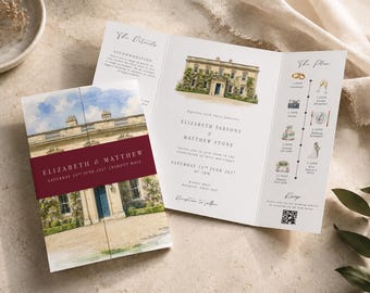 Venue Watercolour Gatefold Wedding Invitation With Belly Band Vellum Custom Venue Illustration, Personalised Wedding Invite Venue Painting