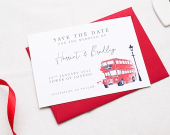 Watercolour London Bus Save the Date London Wedding Save the Date London Themed Wedding Invitation London Party Invitation London Red Bus