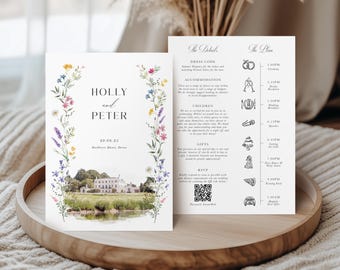 Venue Watercolour Wedding Invitation Wildflower Wedding Invitation Venue Sketch Evening Wedding Invite with Envelope Wedding Invitation