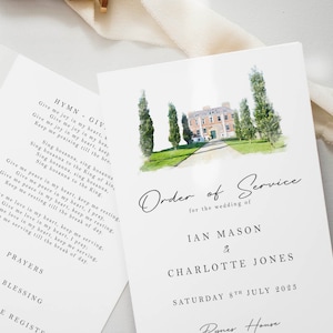 Livreto de Ordem de Serviço de Casamento em Aquarela com Local Personalizado Livreto de Ordem de Serviço de Casamento em Igreja Cartão de Ordem de Serviço Personalizado