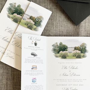 Invitación de boda con acuarela para lugar de celebración. Invitación de boda moderna con diseño desplegable. Invitación de boda con diseño desplegable. Invitación de boda con acuarela para lugar de celebración.
