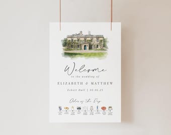 Dagprogramma voor de bruiloft, gepersonaliseerd welkomstbord met aquarel-pictogrammen voor de trouwlocatie.