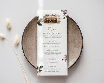 Winterbruiloftmenukaart Gepersonaliseerde trouwlocatie Waterverf trouwmenu Winterbladeren Bessen trouwmenu Kerstbruiloftmenu Winterbloemen