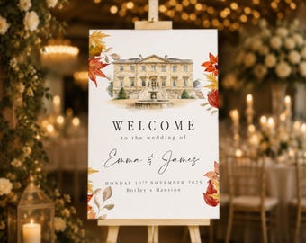 Welkomstbord voor een herfstbruiloft, op maat gemaakt trouwbord in aquarel voor de locatie, gepersonaliseerde locatie-illustratie, welkomstbord voor een herfstbruiloft