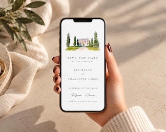 May include: A smartphone screen displaying a Save the Date wedding announcement for Ian Mason and Charlotte Jones on Saturday, July 8th, 2023, at Pynes House, featuring a watercolor illustration of a building with tall green trees.
