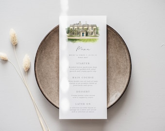 Aquarel locatie bruiloft menukaart gepersonaliseerde bruiloft menu voor bruiloft receptie menu aangepaste bruiloft menu aquarel bruiloft menukaart