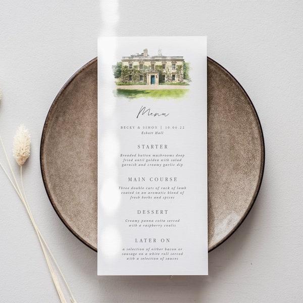 Watercolour Venue Wedding Menu Card Personalised Wedding Menu for Wedding Reception Menu Custom Wedding Menu Watercolour Wedding Menu Card