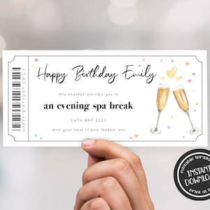 Könnte beinhalten: Ein weißer druckbarer Geschenkgutschein mit einem Konfetti-Design in Rosa, Blau und Gelb. Der Text lautet "Happy Birthday Emily this voucher entitles you to an evening spa break 24th May 2023 with your best friend, Maddie xxx".