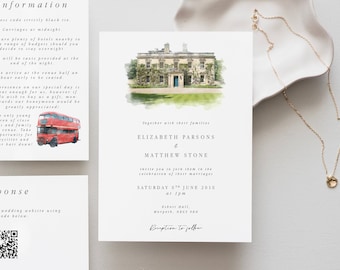 Watercolour Venue Wedding Invitation Custom Watercolour Wedding Invites Illustrated Venue Wedding Invitation Venue Painting Wedding Invite