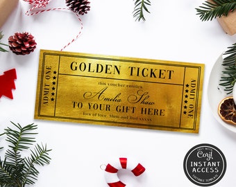 Editable Golden Ticket Gift Voucher Template Printable Christmas Gift Voucher Print at Home Christmas Gift Ticket Editable Christmas Gift