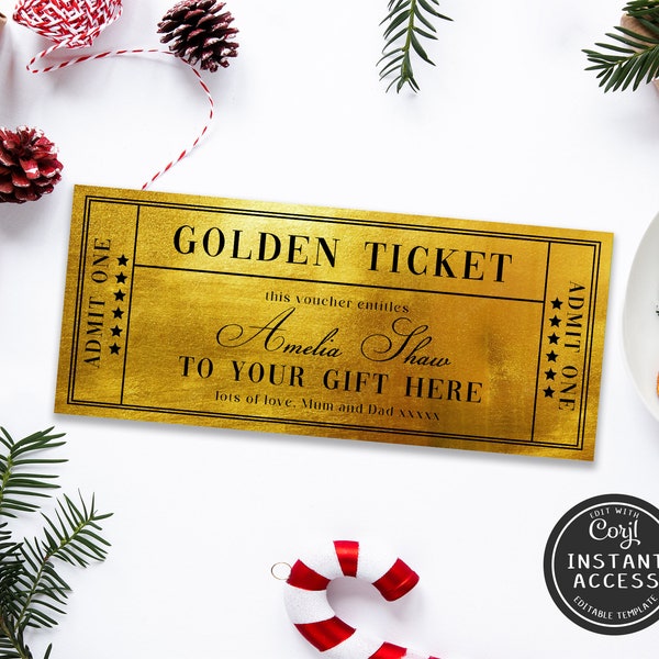 Editable Golden Ticket Gift Voucher Template Printable Christmas Gift Voucher Print at Home Christmas Gift Ticket Editable Christmas Gift