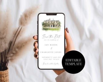 May include: A smartphone displays a wedding save-the-date card. The card features a watercolor illustration of a stately building, with text including the names Ian Mason and Charlotte Jones, and the date July 5th, 2027.
