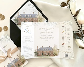 Venue Watercolour Gatefold Wedding Invitation Gatefold Watercolour Venue Sketch Wedding Invite Floral Wedding Invite Venue Painting Flowers