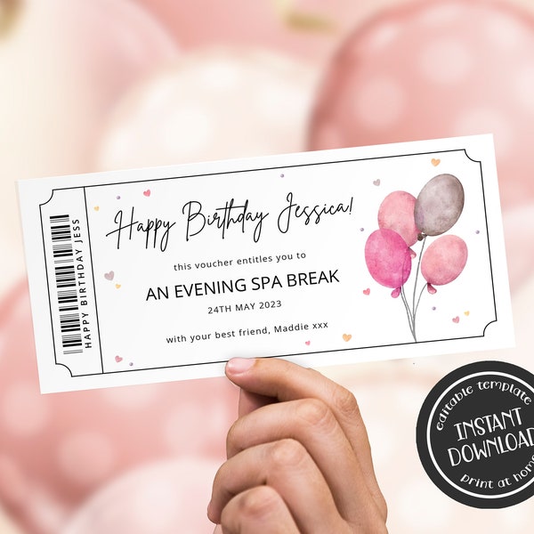 Bearbeitbarer Geburtstags-Geschenkgutschein zu Hause drucken Event Ticket Überraschungs-Geschenk-Karte Geburtstags-Geschenk-Karte Geburtstag Luftballons Geschenk-Gutschein-Vorlage