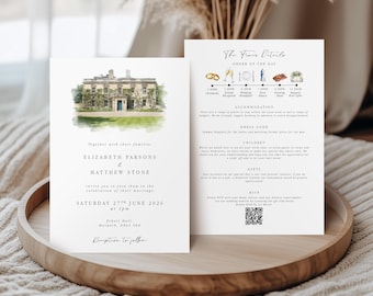 Venue Watercolour Wedding Invitation Venue Painting Wedding Invitation Venue Sketch Evening Wedding Invite with Envelope Wedding Invitation