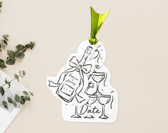 Champagnetoren save the date met lint save the date champagnefles save the date luxe save the date champagne save the date bruiloft