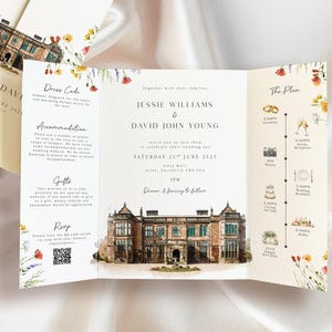 Invitación de boda con acuarela para lugar de celebración, desplegable, con flores silvestres. Invitación de boda con acuarela para lugar de celebración, desplegable, con flores silvestres.