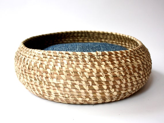 fairtrade /& vegan Rattan handwoven cat basket with black and white block print pillow