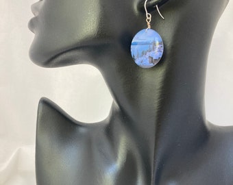 Lake Tahoe Round Dangle Earrings  Winter at Lake Tahoe Earrings  Dangle Earrings  Nevada Earrings  Resin Earrings  Handmade Jewelry