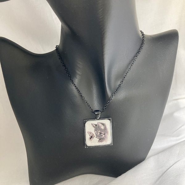 Kitty Photo Pendant  Square Pendant  Black Pendant  Resin Necklace Handmade Necklace  Kitty Photo Jewelry  Kitty and Butterfly