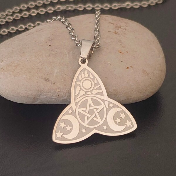 Collier Triskel Avec Pentacle et Triple Lune Inoxydable, Amulette Talisman Paien Wicca, Bijou Spirituel, Pendentif Occulte Magie Esoterisme