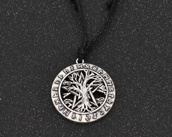 Viking Yggdrasil Necklace Surrounded By Futhark Runes, , Pagan Celtic Pendant Necklace, Norse Viking Tree of Life Jewelry.