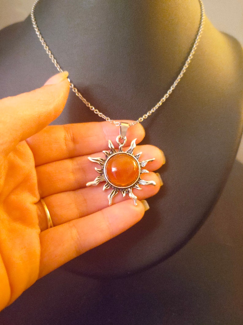 Carnelian Stone Sun Women's Necklace, Natural Stone Pendant, Raw Stone ...