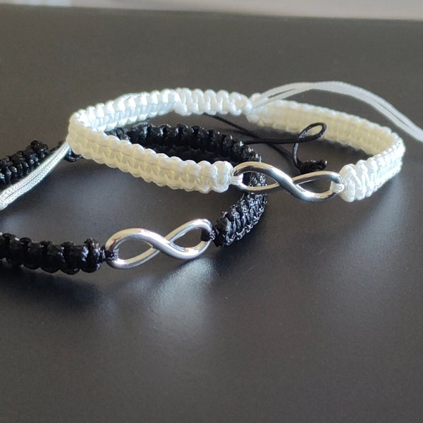 Duo De Bracelet Infini Noir Et Blanc, Bracelet Couple Amitié, Cadeau, Bracelet Tressé.